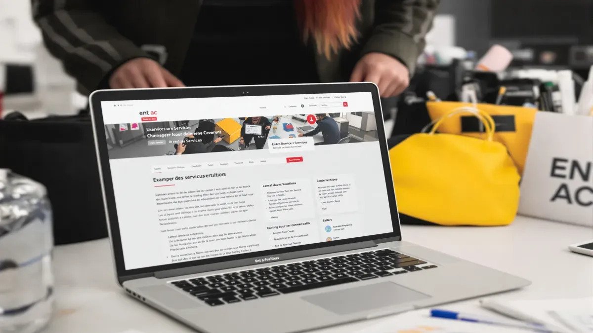 Ordinateur portable affichant une page web professionnelle.